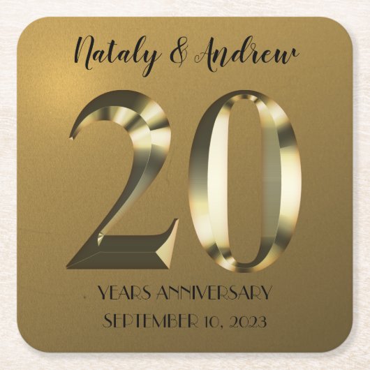 メタリックゴールデン結婚20周年 スクエアペーパーコースター (正面)