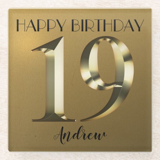 メタリックゴールデン19歳の誕生日 ガラスコースター (正面)