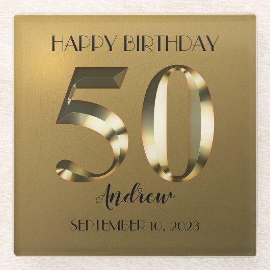 メタリックゴールデン50歳の誕生日 ガラスコースター (正面)