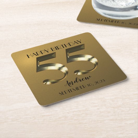メタリックゴールデン55歳の誕生日 スクエアペーパーコースター (アングル)