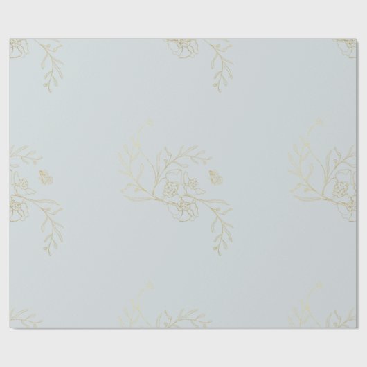 メタリックゴールドの葉と花のエレガントなダスティブルー ラッピングペーパー (フラット)