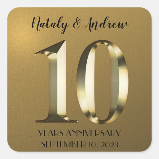メタリックゴールドの10周年結婚記念日 スクエアシール (正面)