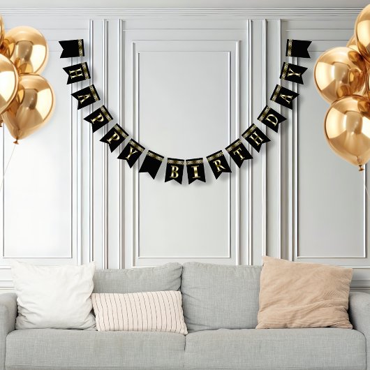 メタリックゴールド オン ブラックの誕生日 バンティングフラッグ