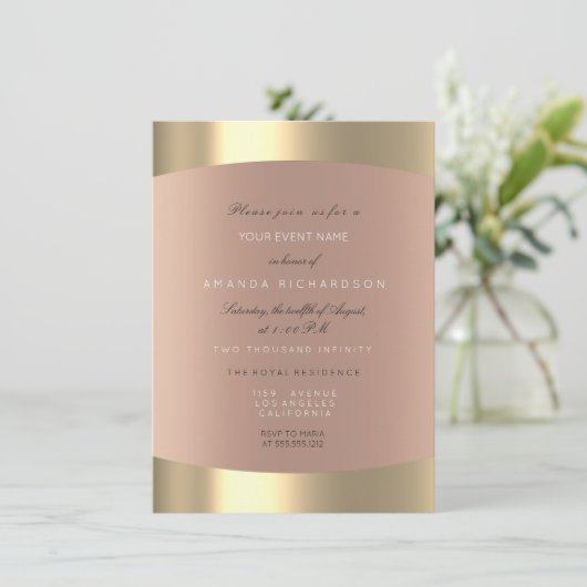 メタリックゴールド ブラック ホワイト ミニマル セピア ローズ ブラッシュ 招待状 (スタンド正面)