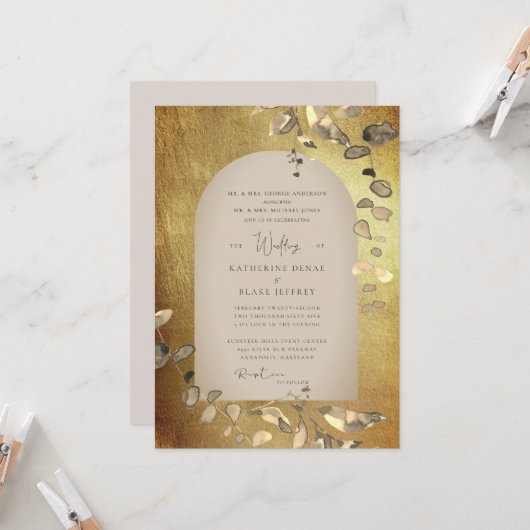 メタリックゴールド & ベージュの幾何学的な葉の結婚式 招待状 (正面/裏面インサイチュ)