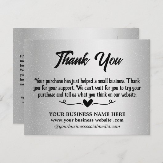 メタリックシルバーありがとうビジネス ポストカード (正面/裏面)