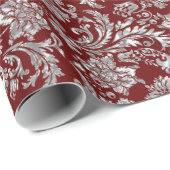 メタリックシルバーおよびダークレッドヴィンテージダマスパターン ラッピングペーパー (ロールコーナー)