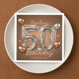 メタリックシルバーとブロンズの風船 50歳の誕生日 スタンダードカクテルナプキン