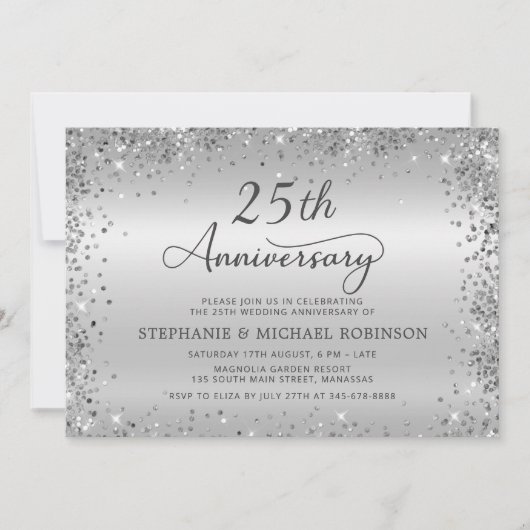 メタリックシルバーグリッター 25周年記念結婚式 招待状 (正面)
