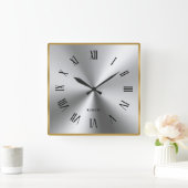 メタリックシルバーグレイ縁ど金ゴールドローマ数字 スクエア壁時計 (ホーム)