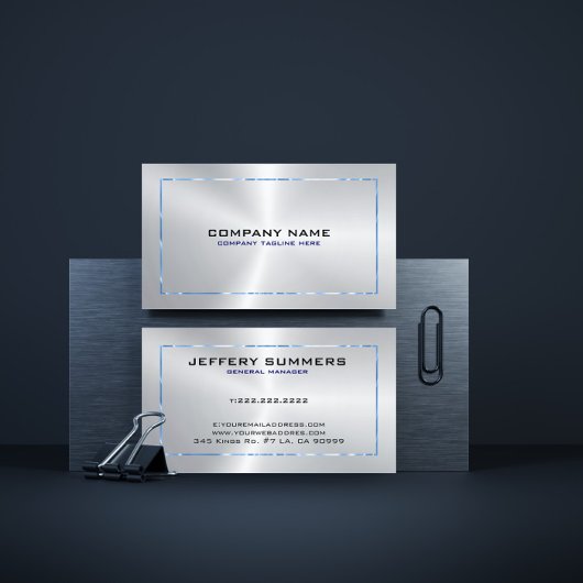 メタリックシルバーグレーの背景とブルー縁ど 名刺