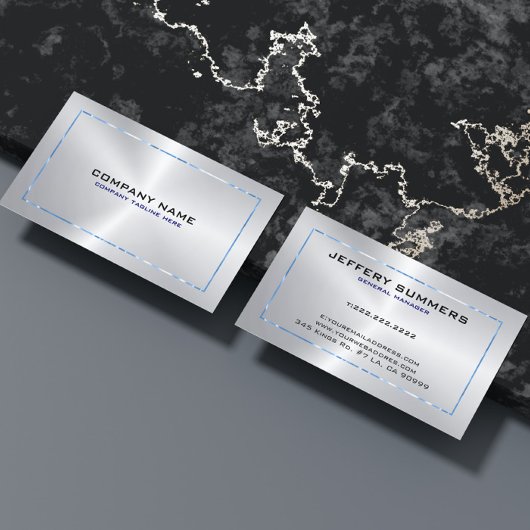 メタリックシルバーグレーの背景とブルー縁ど 名刺