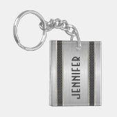メタリックシルバーグレーデザインブラシ仕上げアルミルック キーホルダー (正面左)
