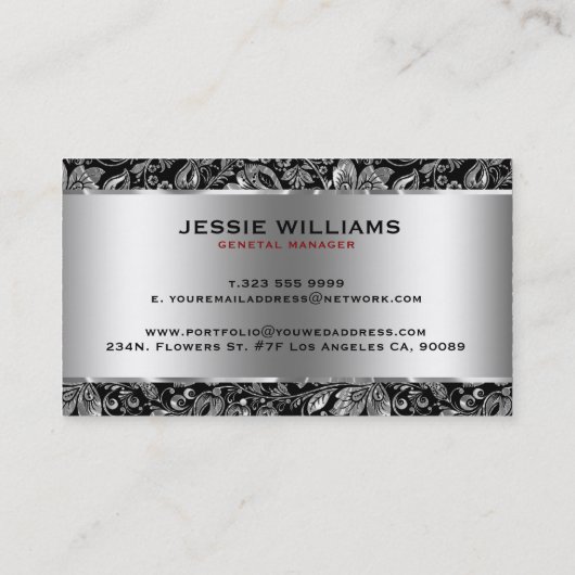 メタリックシルバーステンレス鋼とフローラダンパー 名刺 (裏面)