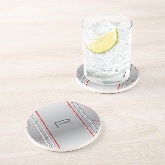 メタリックシルバー幾何学模様デザイン赤アクセント コースター (側面)