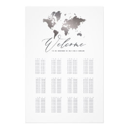 メタリックシルバー結婚ワールドマップのシーティングプラン フォトプリント           