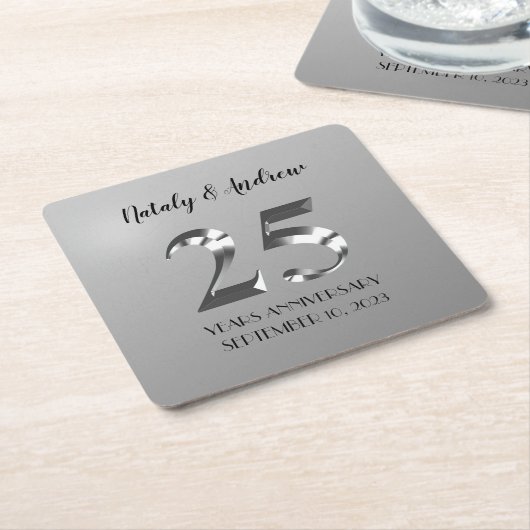 メタリックシルバー結婚25周年 スクエアペーパーコースター (アングル)