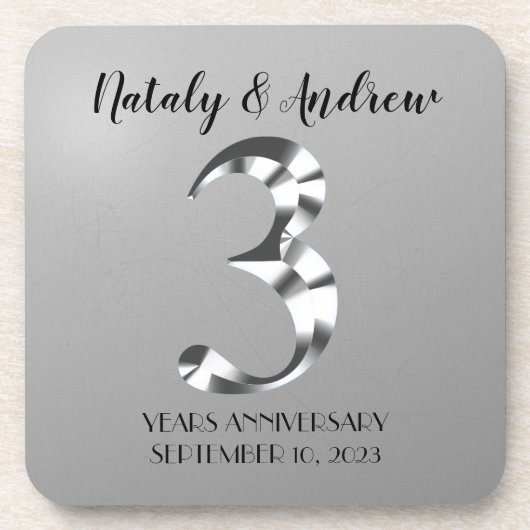 メタリックシルバー結婚3周年記念 コースター (正面)