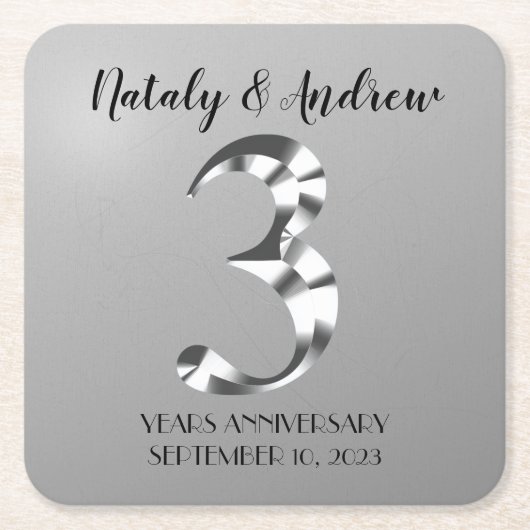 メタリックシルバー結婚3周年記念 スクエアペーパーコースター (正面)