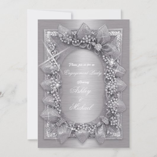 メタリックシルバー葉ラグジュアリーファッショナブルなシック 招待状 (正面)