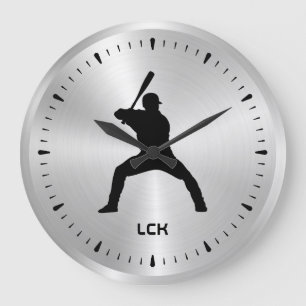メタリックシルバー黒野球選手シルエット ラージ壁時計
