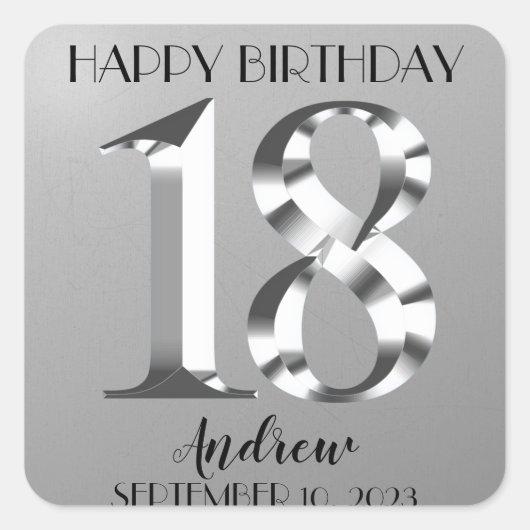 メタリックシルバー18歳の誕生日 スクエアシール (正面)