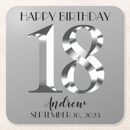 メタリックシルバー18歳の誕生日 スクエアペーパーコースター (正面)