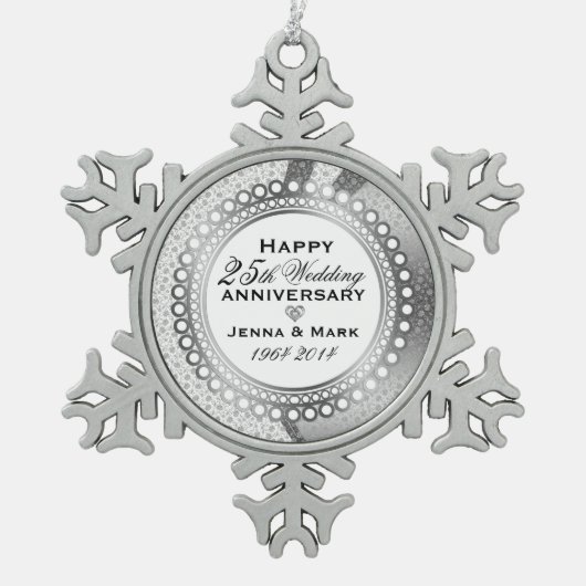 メタリックシルバー25結婚周年5 スノーフレークピューターオーナメント (正面)
