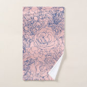 メタリックスタイリッシュネイビーブルーとピンクのフローラデザイン バスタオルセット (ハンドタオル)