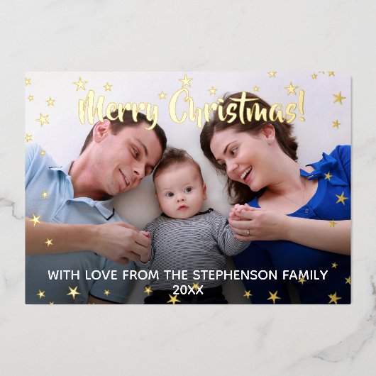 メタリックスターズメリークリスマスファミリー3写真 箔シーズンカード (正面)