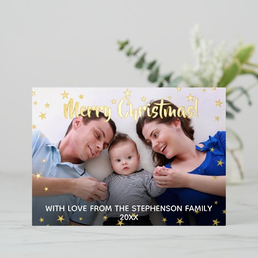 メタリックスターズメリークリスマスファミリー3写真 箔シーズンカード (立ち正面)