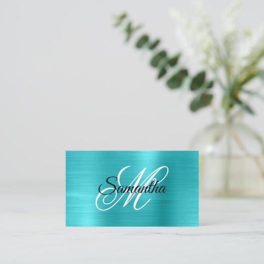 メタリックターコイズブルーフォイルファンシーモノグラム 名刺 (スタンド正面)