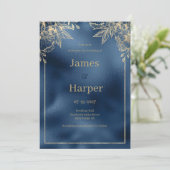 メタリックネイビーブルグラディエント金ゴールド結婚フローラ 招待状 (スタンド正面)