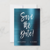 メタリックネイビーブルー日付の結婚カードを保存 セーブザデート (正面)