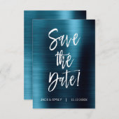 メタリックネイビーブルー日付の結婚カードを保存 セーブザデート (正面/裏面)