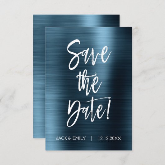 メタリックネイビーブルー日付の結婚カードを保存 セーブザデート (正面/裏面)