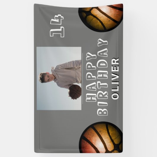 メタリックバスケットボールフォト誕生日バナー 横断幕 (縦)