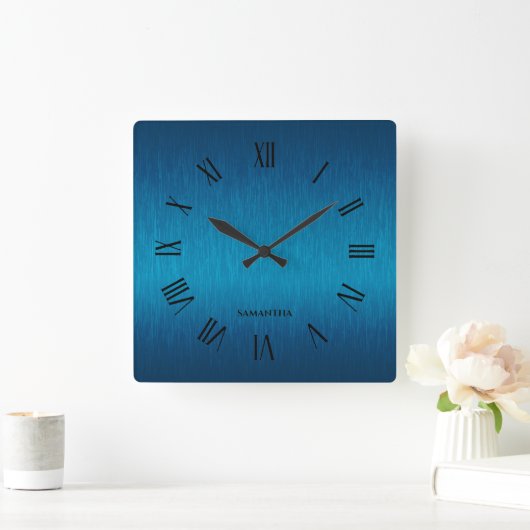メタリックパーソナライズされたブルーのローマ数字 スクエア壁時計 (ホーム)