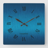 メタリックパーソナライズされたブルーのローマ数字 スクエア壁時計 (正面)