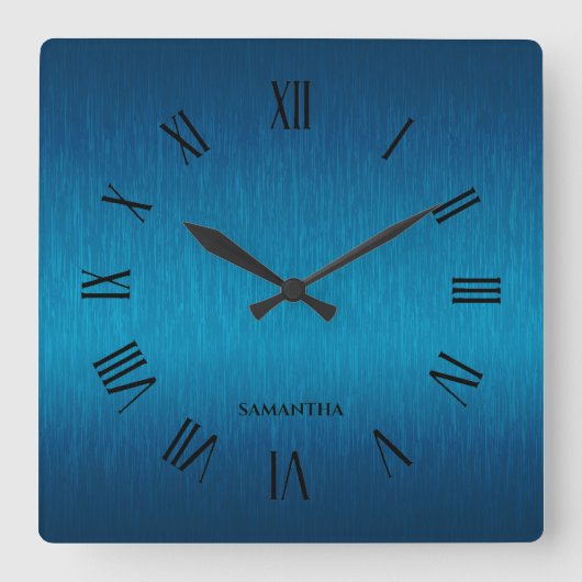 メタリックパーソナライズされたブルーのローマ数字 スクエア壁時計 (正面)