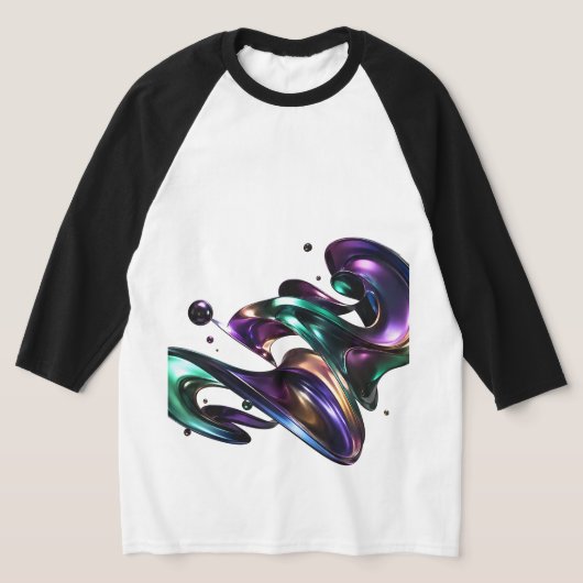 メタリックパープルとグリーンの液状スワール Tシャツ (レイダウン)