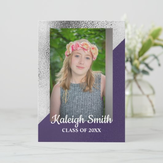 メタリックパープルとシルバーフォト卒業パーティー 招待状 (スタンド正面)