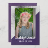 メタリックパープルとシルバーフォト卒業パーティー 招待状 (正面/裏面)