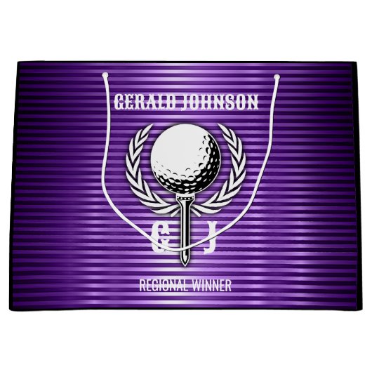 メタリックパープルラインズゴルフモノグラムデザイン ラージペーパーバッグ (正面)