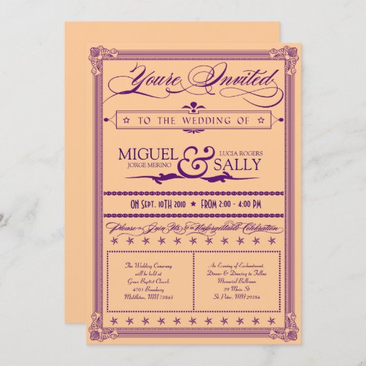 メタリックパープル&金ゴールドDIY結婚式招待状 招待状 (正面/裏面)