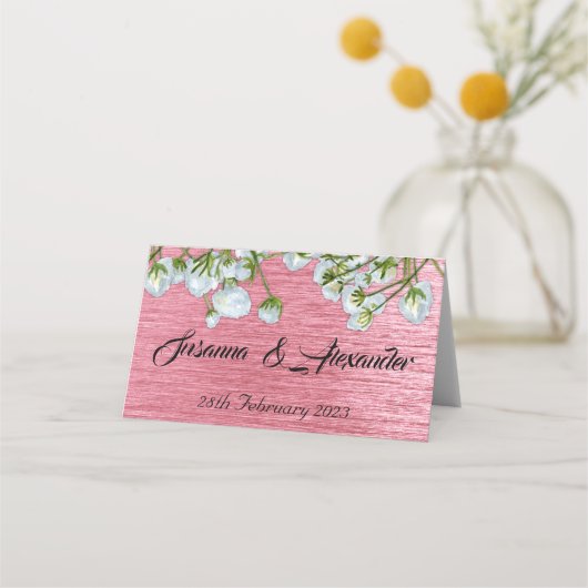 メタリックピンクとホワイトのフローラ結婚ズ プレイスカード (正面)