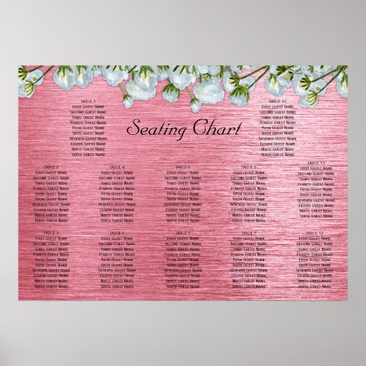 メタリックピンクとホワイトローズのシーティングチャート ポスター (正面)