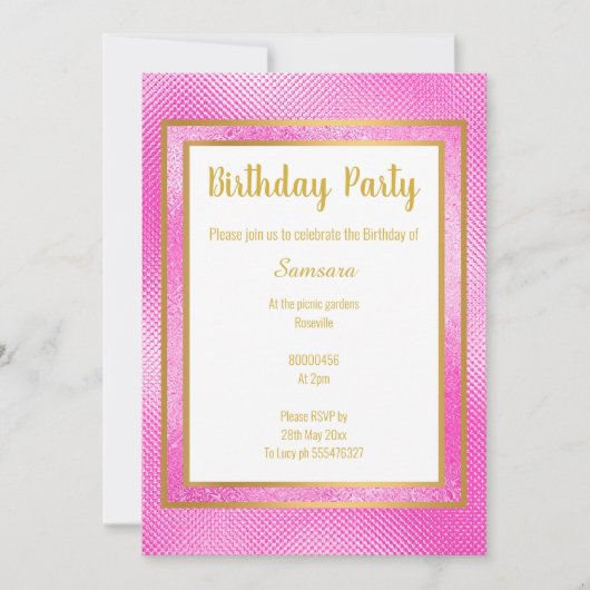 メタリックピンク&金ゴールド層エンボス誕生日 招待状 (正面)