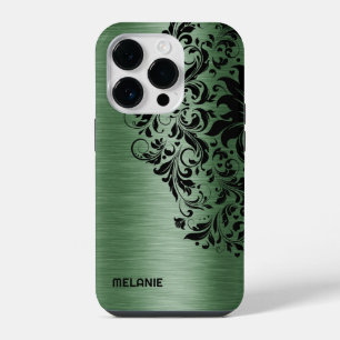 メタリックフォレストグリーンテクスチャ ブラックレース&テキスト iPhone 14 PROケース