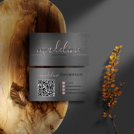 メタリックブラシ付きスチール淡い色のピンクスクリプトQrコード 名刺